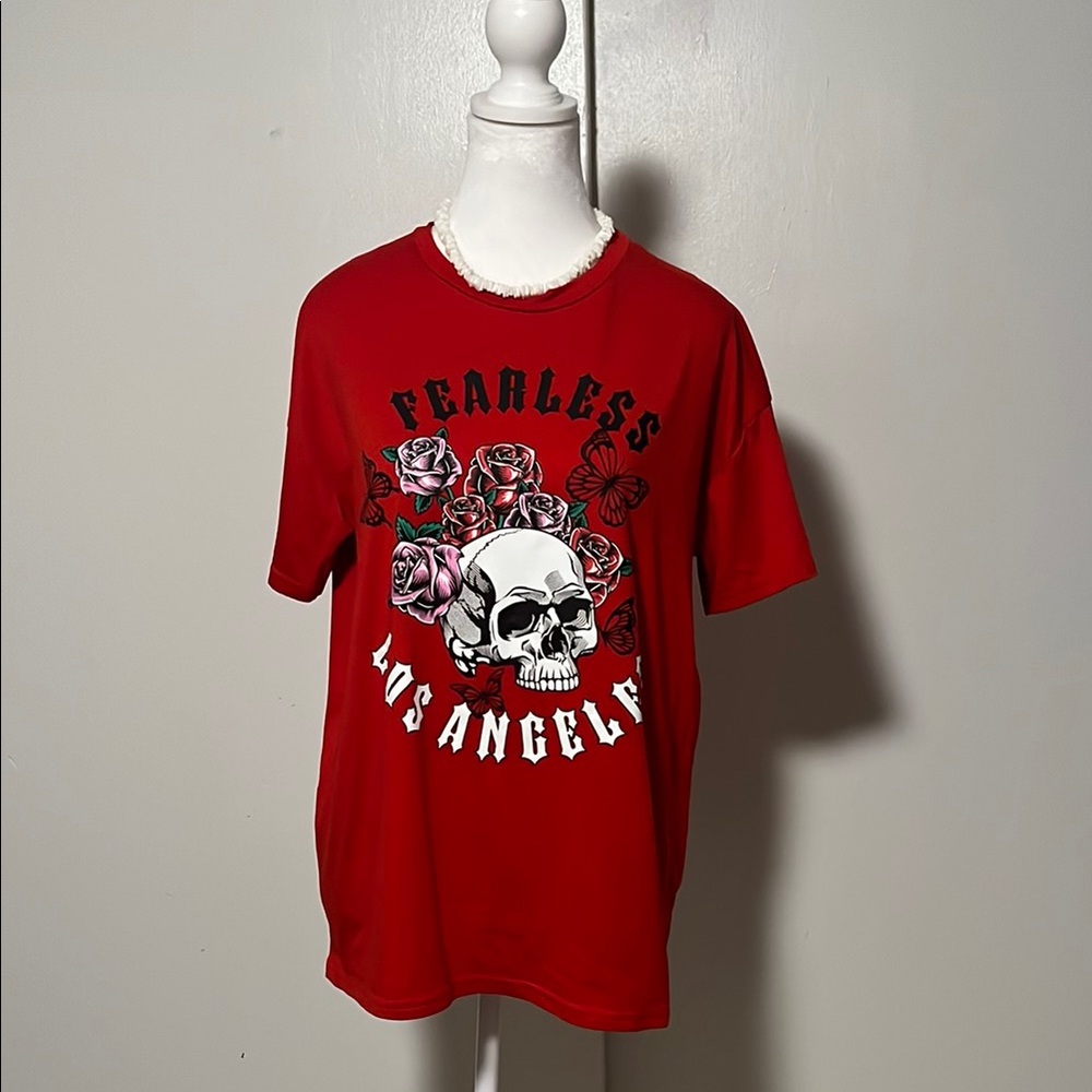 Vibrant Red Short Sleeve Tee with Graphic Design